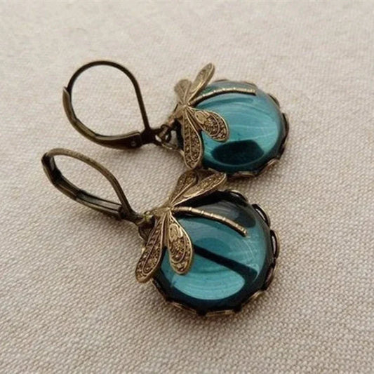 Antique Gold Spherical Dragonfly Earrings