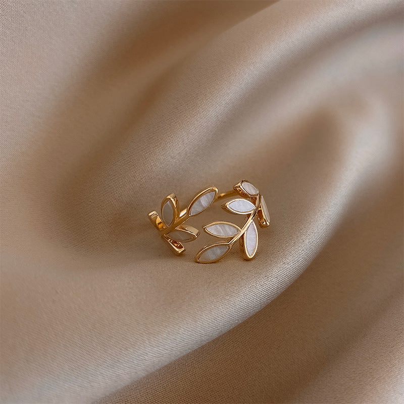 Adjustable Gold Leaf Ring with White Opal Accent