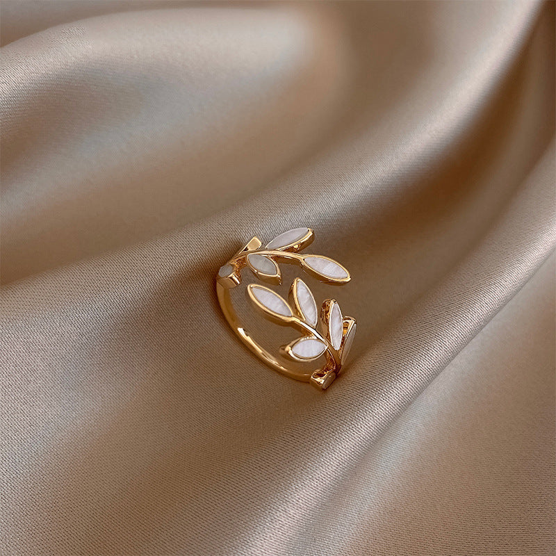 Adjustable Gold Leaf Ring with White Opal Accent