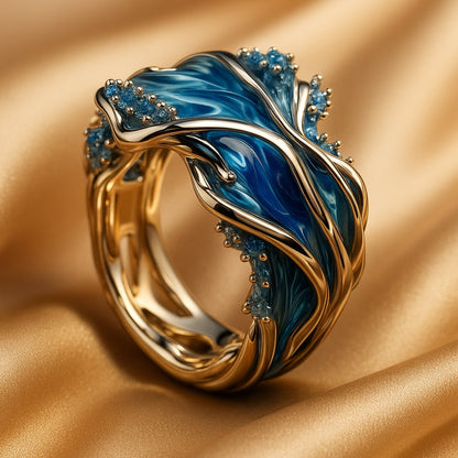 Retro Golden Wave Ocean Ring