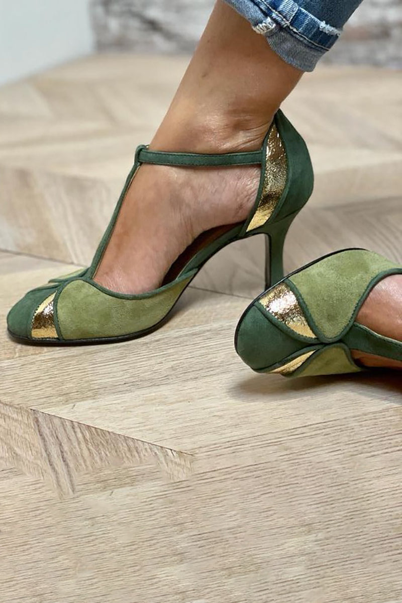 Taviana | Closed Toe Patchwork Heels with T-Strap