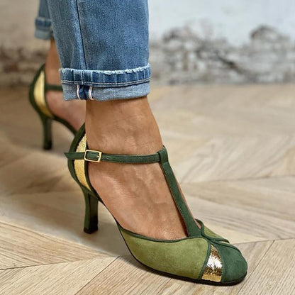 Taviana | Closed Toe Patchwork Heels with T-Strap