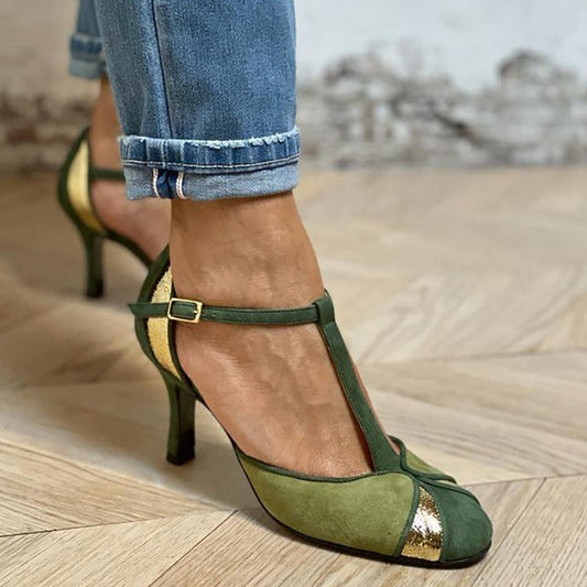 Taviana | Closed Toe Patchwork Heels with T-Strap
