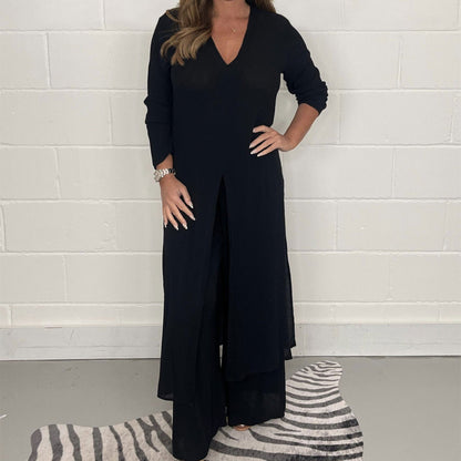 Global Elegance: V-Neck Split Luxe Blouse & Tailored Trousers