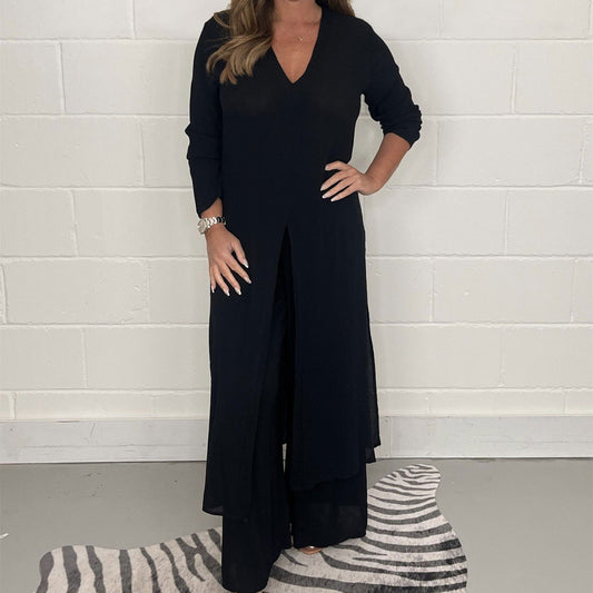 Global Elegance: V-Neck Split Luxe Blouse & Tailored Trousers
