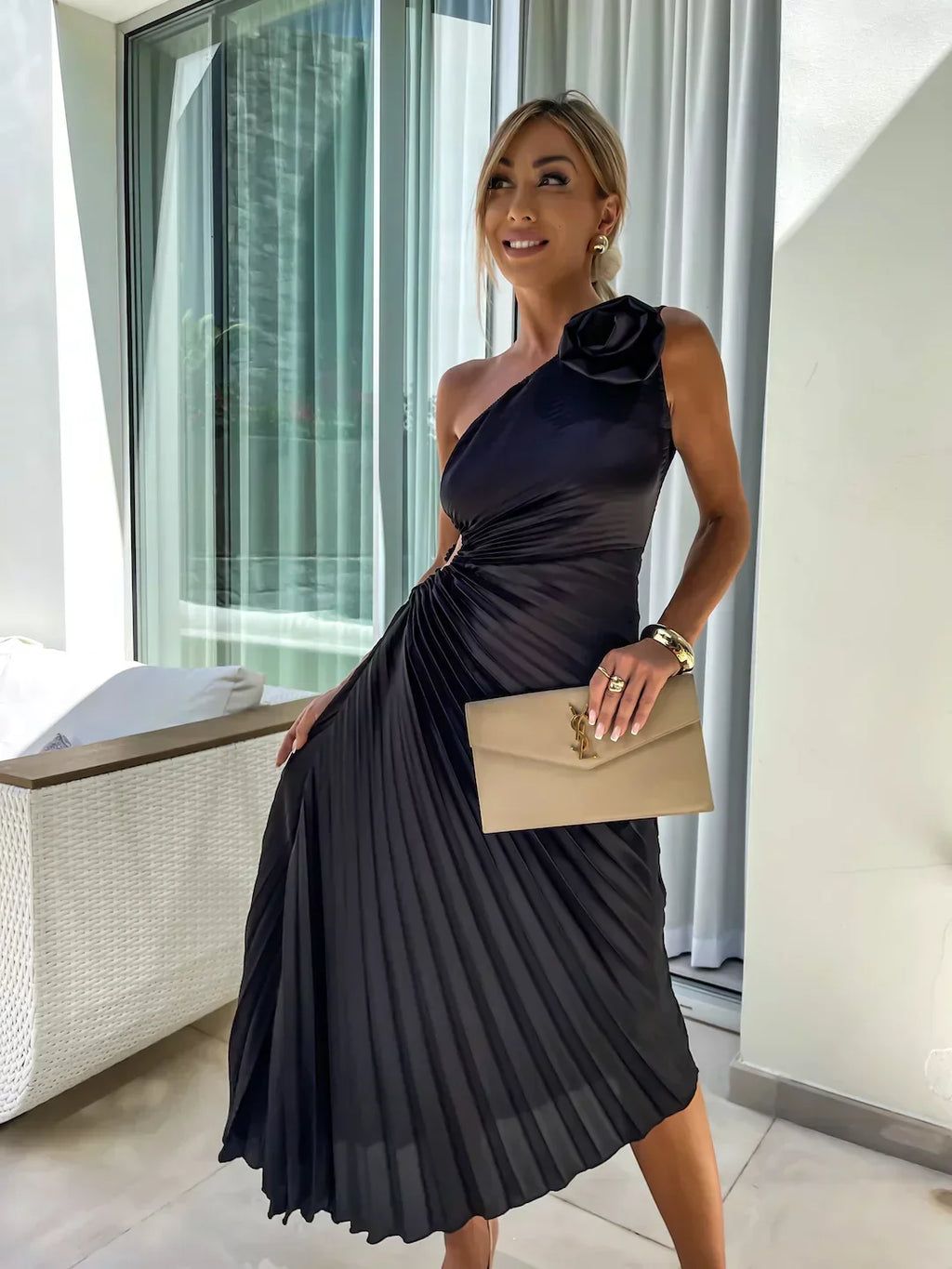 Lizel - Pleated Floral Shoulder Design