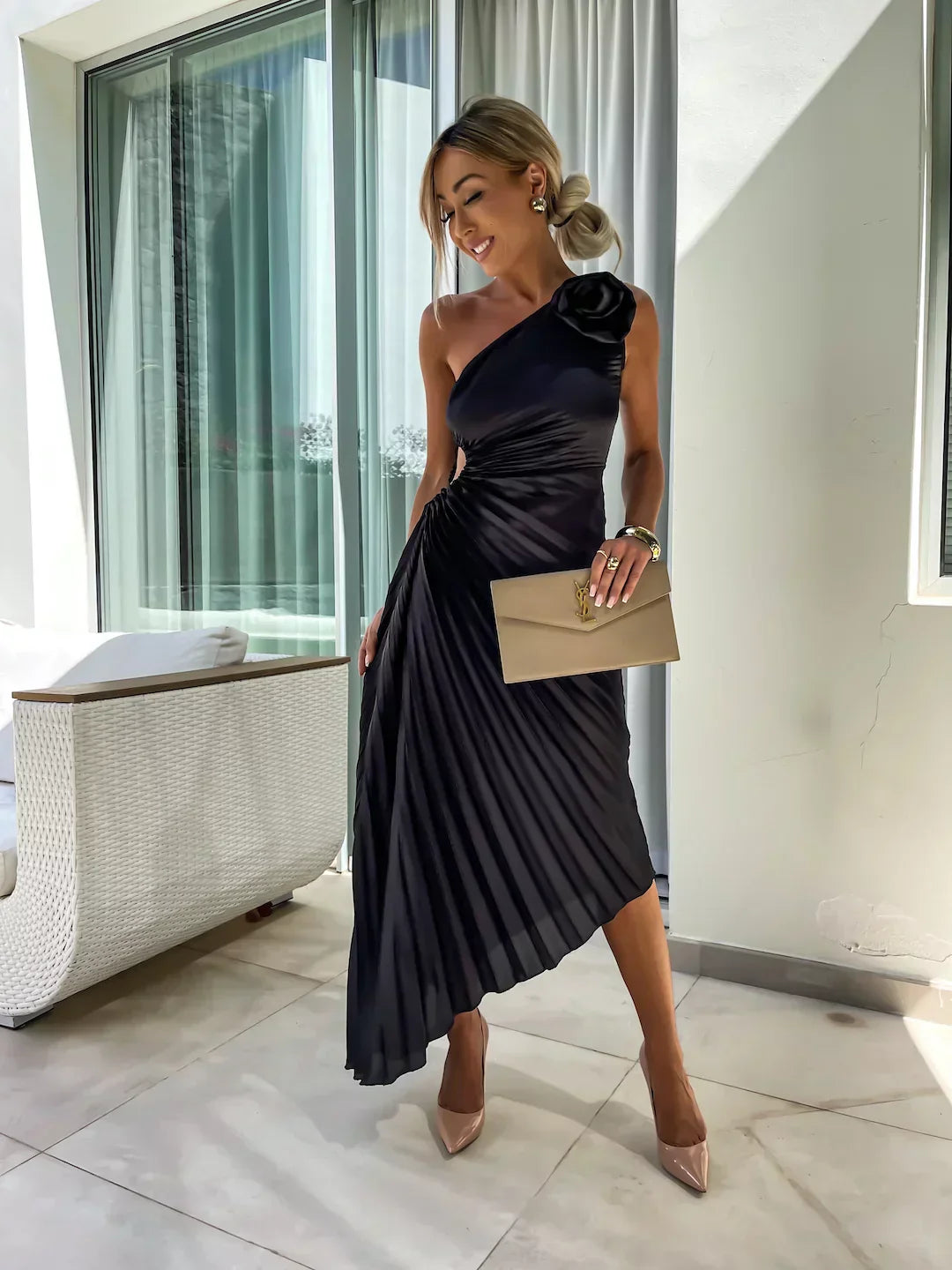 Lizel - Pleated Floral Shoulder Design