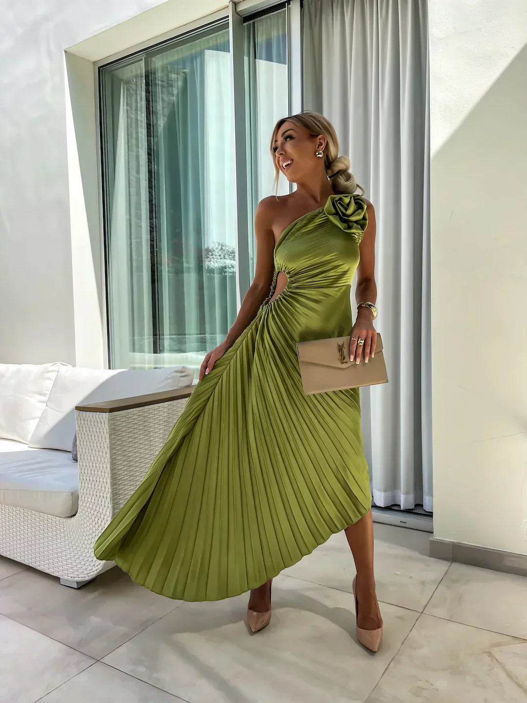 Lizel - Pleated Floral Shoulder Design