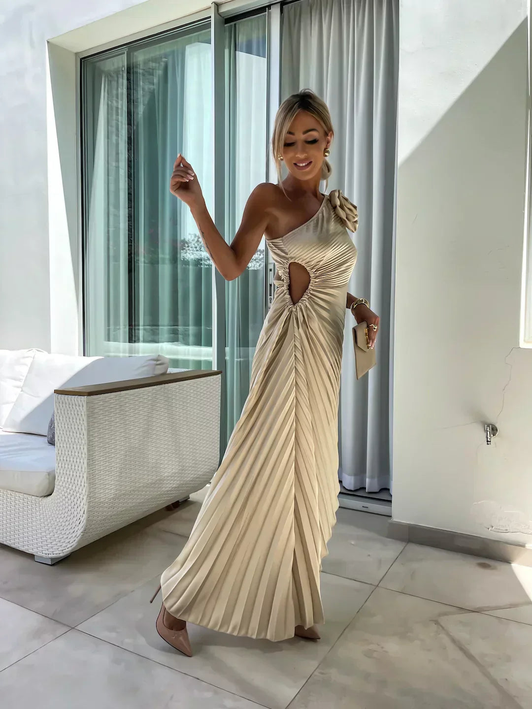 Lizel - Pleated Floral Shoulder Design