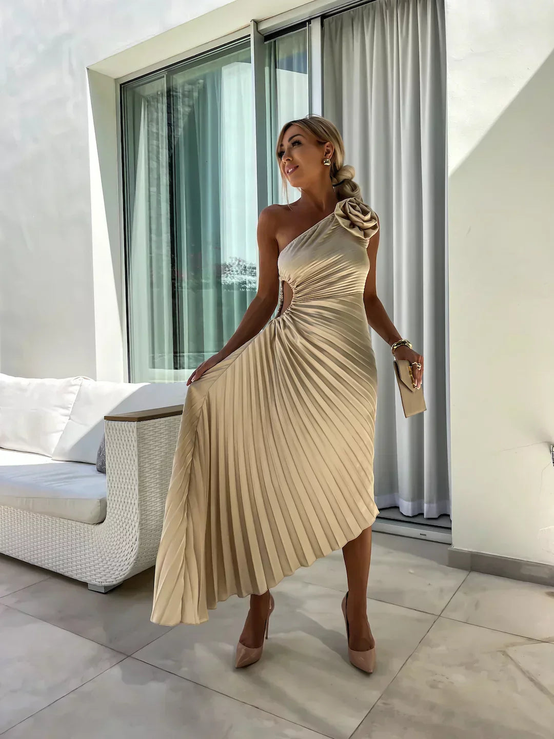 Lizel - Pleated Floral Shoulder Design