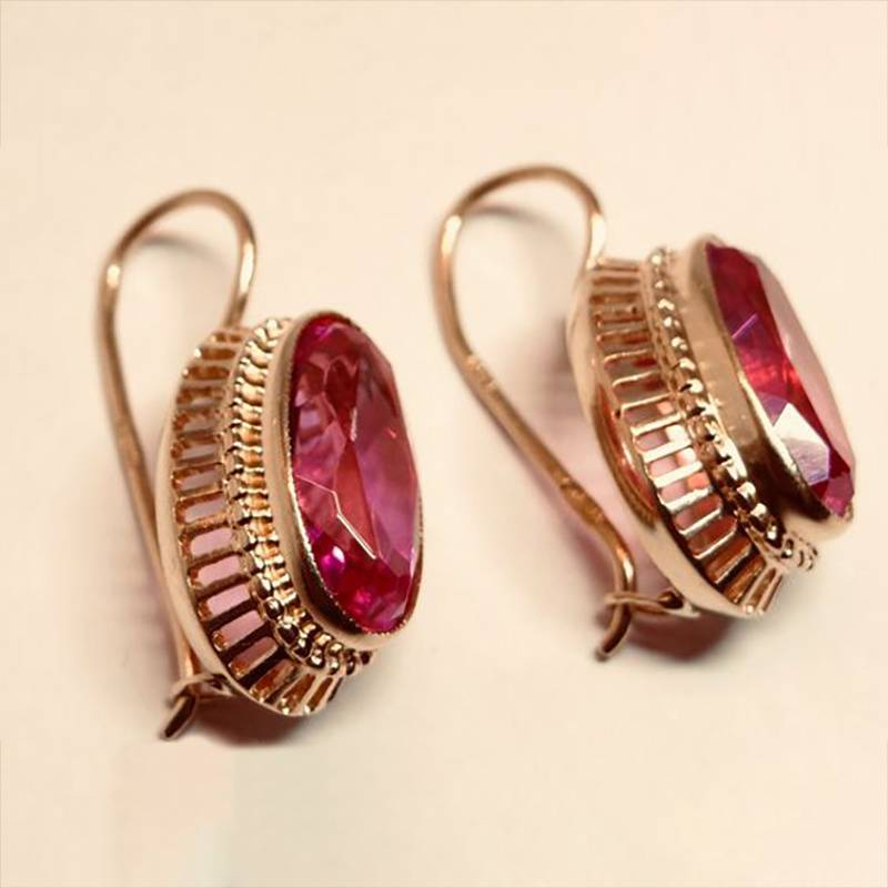 Retro Rose Gold Earrings with Vintage Red Crystals