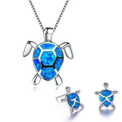 Opal and Silver Sea Turtle Necklace and Earring Set