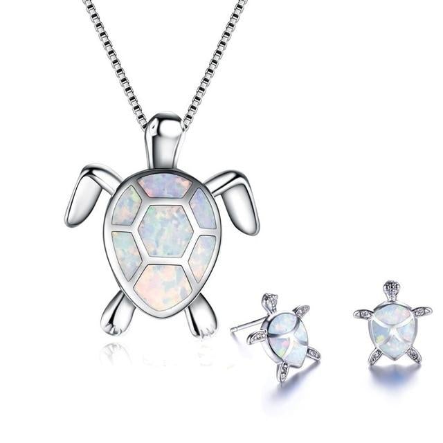Opal and Silver Sea Turtle Necklace and Earring Set