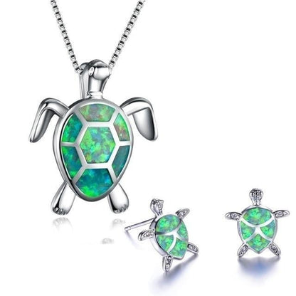 Opal and Silver Sea Turtle Necklace and Earring Set