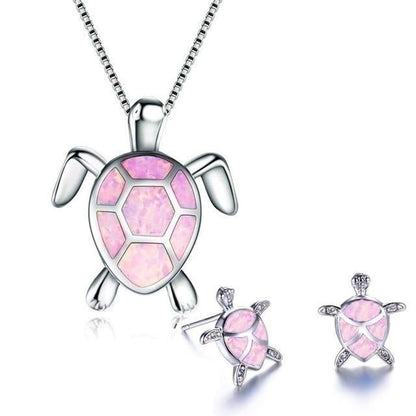 Opal and Silver Sea Turtle Necklace and Earring Set