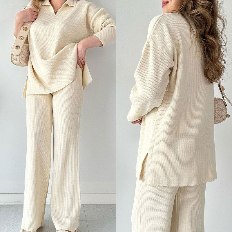 Mia | Casual V-Neck Two-Piece Set with Side Slit
