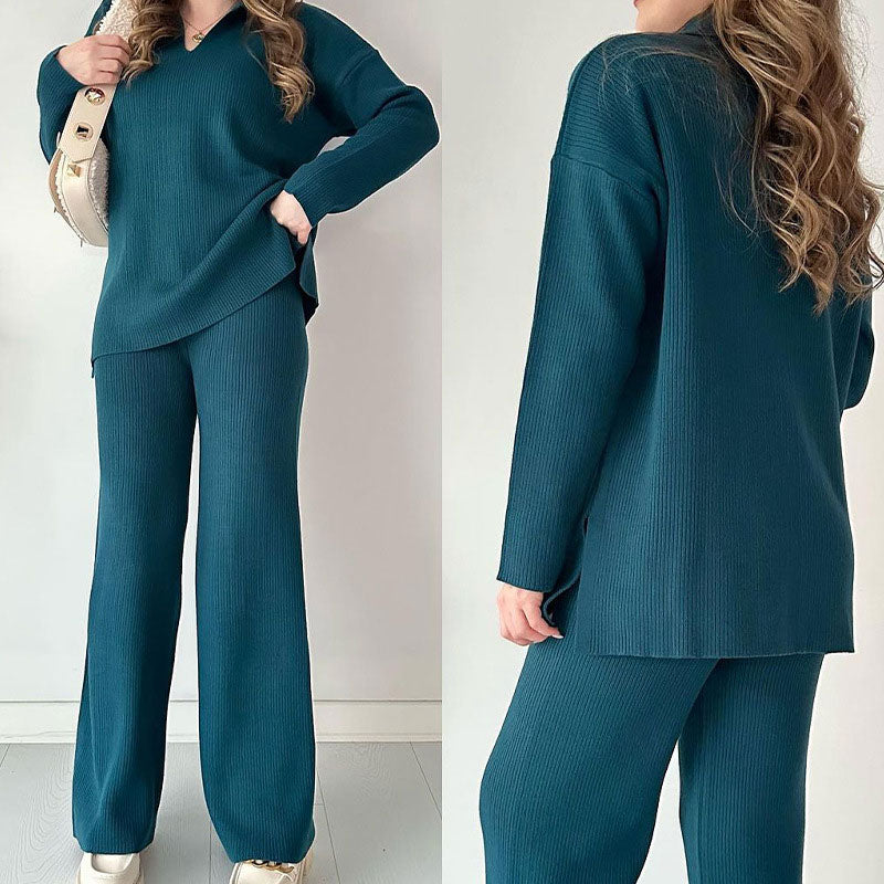 Mia | Casual V-Neck Two-Piece Set with Side Slit