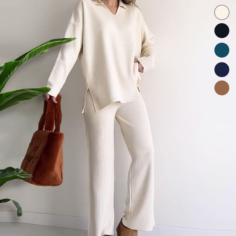 Mia | Casual V-Neck Two-Piece Set with Side Slit