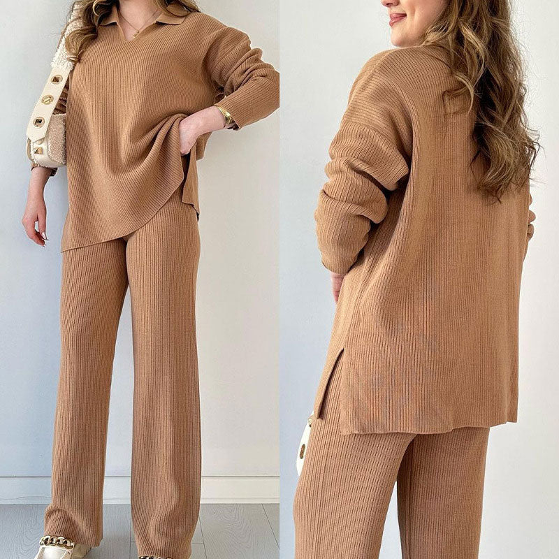 Mia | Casual V-Neck Two-Piece Set with Side Slit