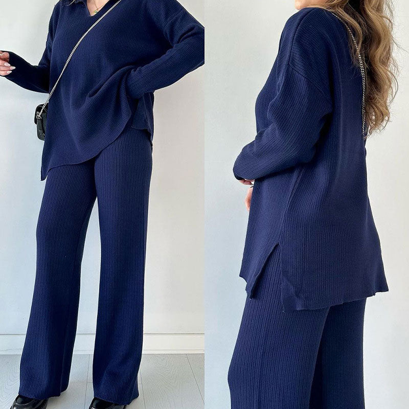Mia | Casual V-Neck Two-Piece Set with Side Slit