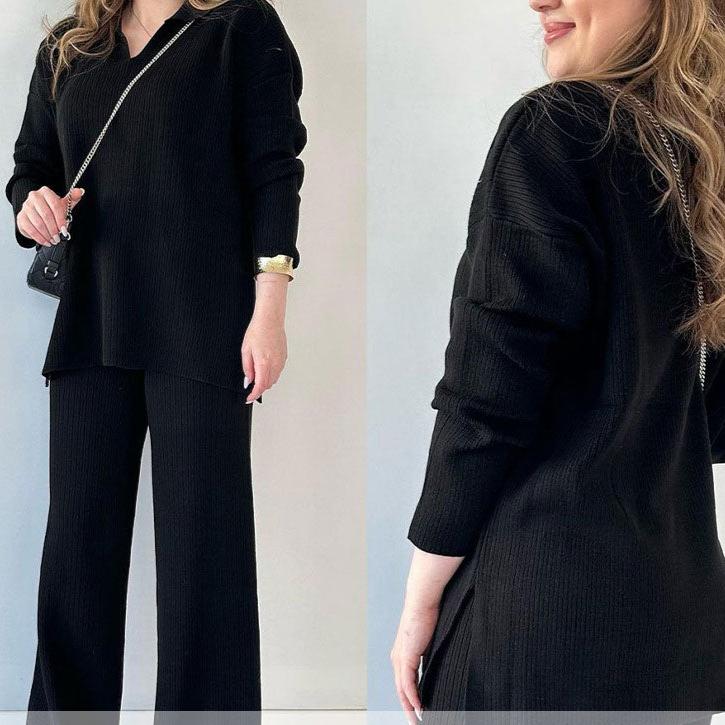 Mia | Casual V-Neck Two-Piece Set with Side Slit