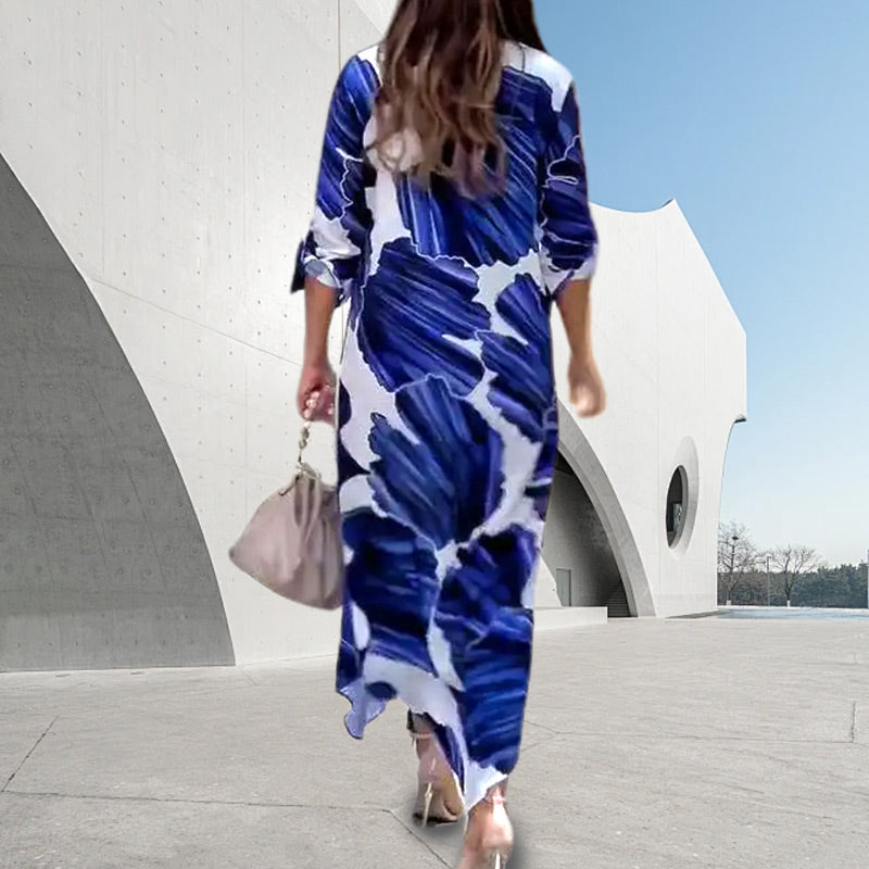 Floral Print Long-Sleeve Dress with Collar