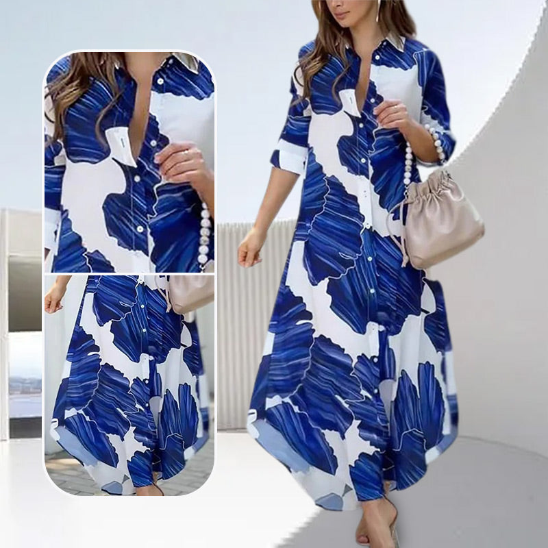 Floral Print Long-Sleeve Dress with Collar