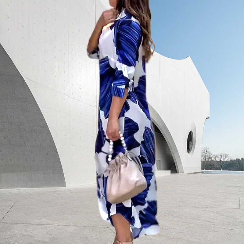 Floral Print Long-Sleeve Dress with Collar